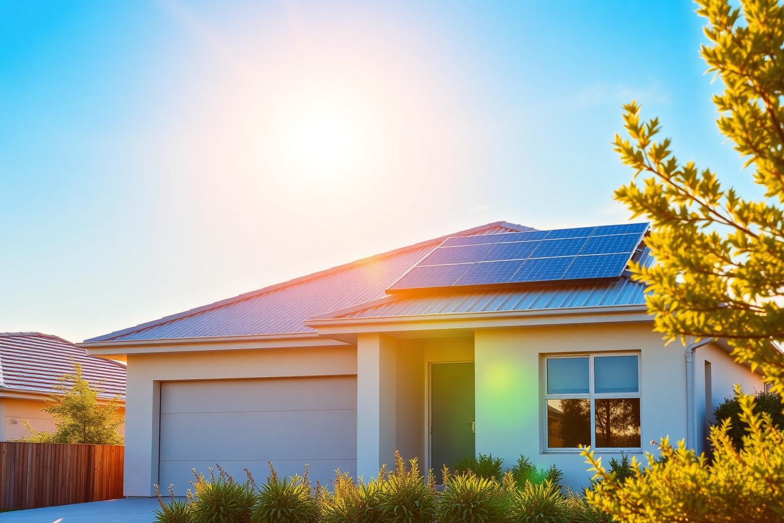 Australian home with rooftop solar panels at sunrise